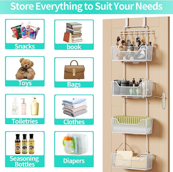 HapiRm Over Door Organizer Storage - Hanging Door Organizer with 4 Metal Large Capacity Baskets and Adjustable Coat Hook for Bathroom Bedroom Kitchen Pantry Closet Cabinet - Image 7