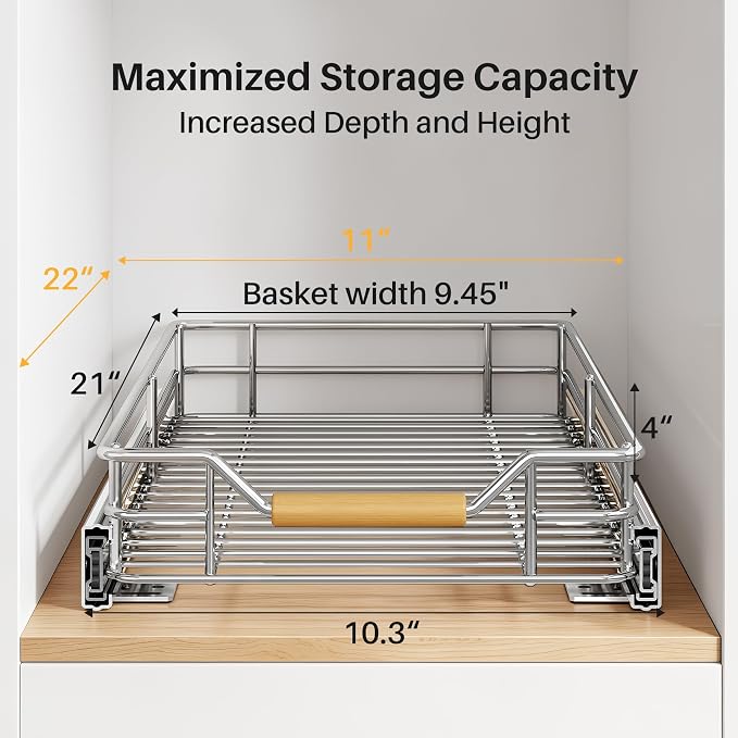 Pull out Cabinet Organizer, 11"W X 21"D, Heavy Duty Smooth Sliding Under Cabinet Shelves for Pots and Pans, Full-Extension Roll out Drawers, Slide out Organization for Home Kitchen Pantry - Image 2
