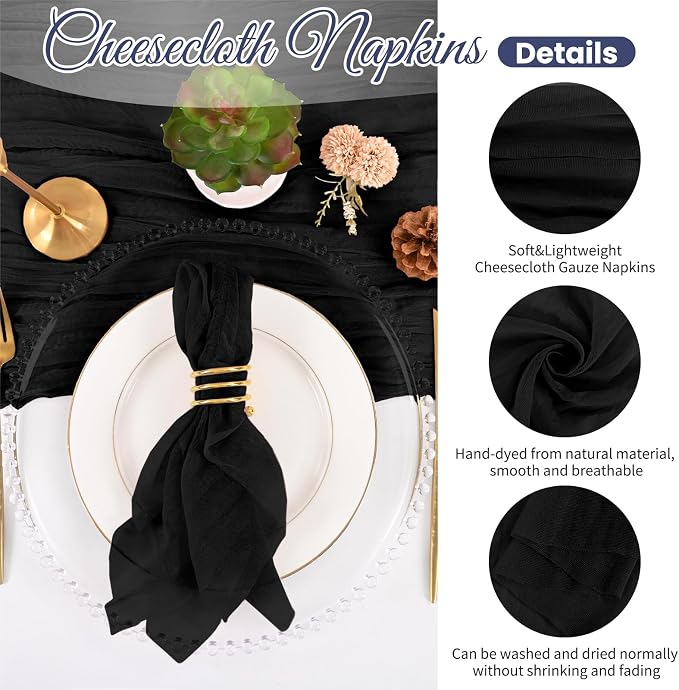 100 Pack Black Cloth Napkins 20x20Inch Cheesecloth Napkins | Elegant Cloth Napkins for Table, Washable Rustic Boho Gauze Napkins, for Wedding Party Bridal Baby Shower Halloween Decor - Image 3
