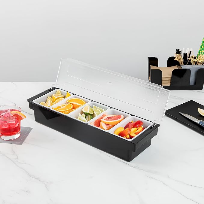 Restaurantware Bar Lux 19.6 x 6.3 x 3.7 Inch Condiment Caddy 1 Durable Bar Caddy - 5 Removable Compartments Built-In Lid Black Plastic Condiment Holder For Restaurant Store Cocktail Garnish - Image 8