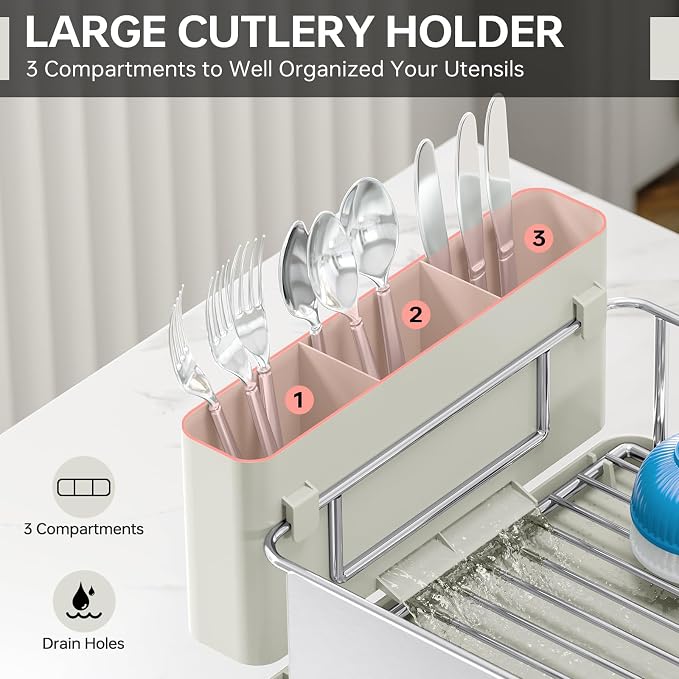 Urackify Dish Drying Rack, Stainless Steel Dish Rack with Auto Drain | Rustproof Dish Drainer with Cutlery Holder & Auto Drain, 16.9" L x 12.4" W Big Load for Plate Dish Sliverware, Light Geen - Image 5