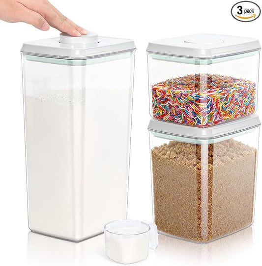 TBMax Flour Sugar Storage Container 3Pack 1.26+2.11+3.48 Quart, Airtight Food Storage Containers with Pop Up Lid & Measuring Scoop for Kitchen Pantry Organization by TBMax