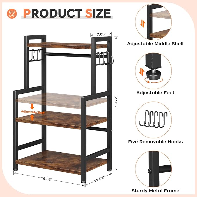 Kitchen Countertop Organizer,3 Tier Large Spice Rack Organizer with Adjustable Shelf and 5 Hooks,Wooden Counter Organizer,Space Saving Countertop Shelf Microwave Stand for Kitchen,Bathroom,Coffee Bar - Image 8