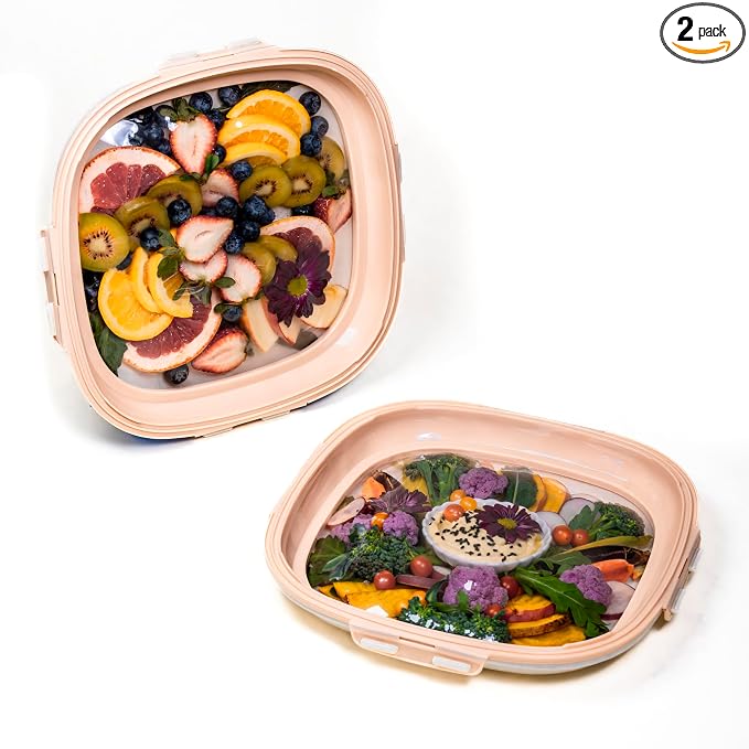 Crudités Portable Stretch-Lid Snack Tray, Square 2-Pack, Coral Pink by Crudit%C3%A9s