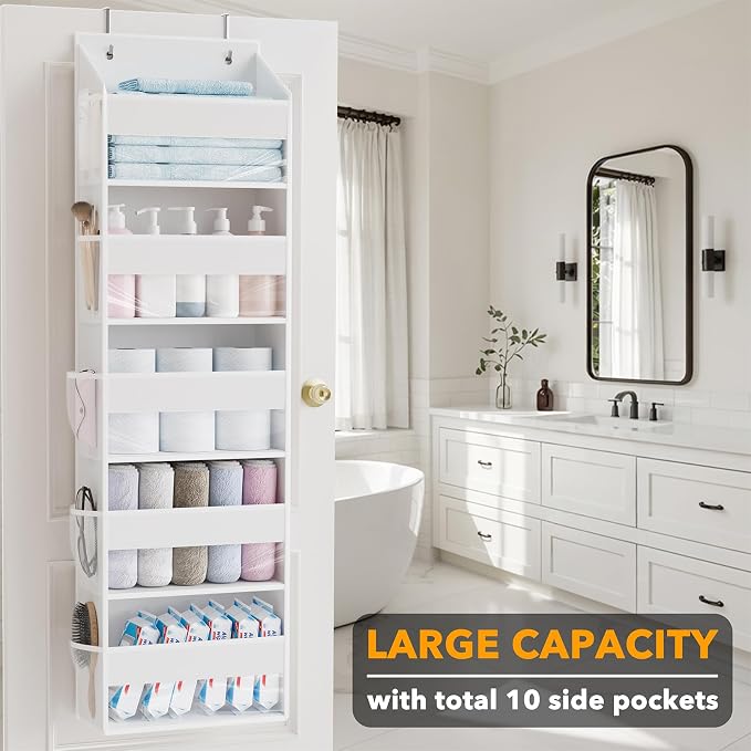SpaceAid 1 Pack Over The Door Organizer with 5 Large Pockets and 10 Mesh Side Pockets, 5 Layers Door Organizer Hanging with Clear Window for Bedroom, Bathroom, Pantry and Nursery, White - Image 3