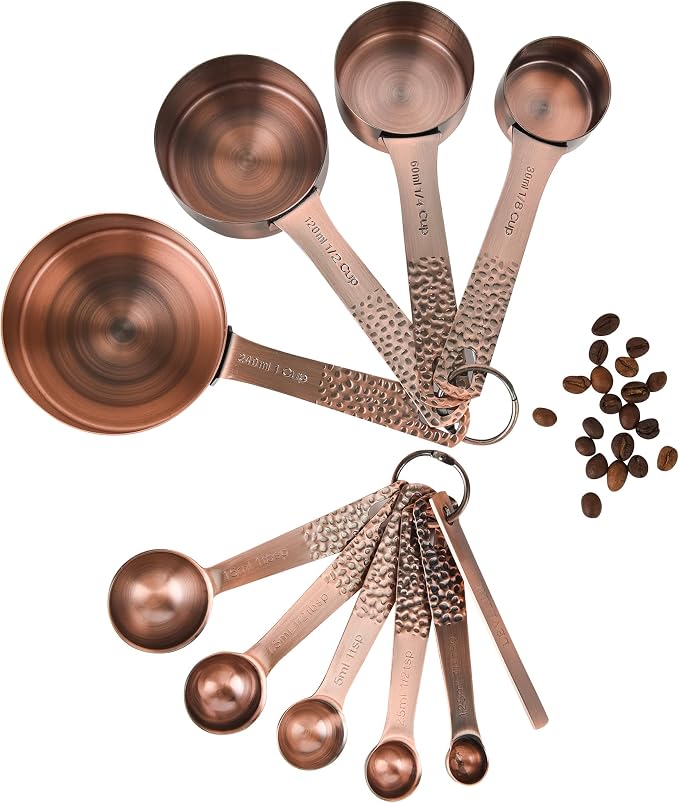 Measuring Cups and Spoons Set 10, Copper Measuring Cups and Spoons Set for Baking & Kitchen, Metric & US Stainless Steel 4 Measure Cups and 5 Spoons with Leveler by Kalsreui
