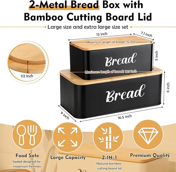 Teenyyou 2 Pcs Extra Large Bread Box with Slicer, Metal Bread Storage Container with Bamboo Cutting Board Lids, 2 Sizes Farmhouse Breadbox Set for Kitchen Countertop(Black) - Image 2