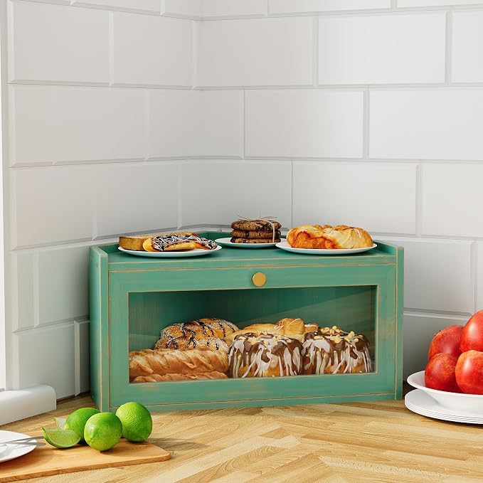 Trironsun Corner Bamboo Bread Box for Kitchen Counter Large Rustic Bread Storage Container with Acrylic Door Space-Saving Vintage Bread Keeper for Homemade Bread (Antique Blue) - Image 2