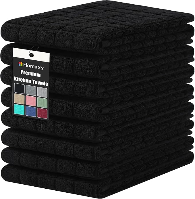 Homaxy Premium Ring Spun Cotton 390 GSM Kitchen Towels, 6 Pack, Black | 16" x 28" Large Dish Towels, Super Absorbent Terry Hand Towels, Soft Tea Towels with Hanging Loops by Homaxy
