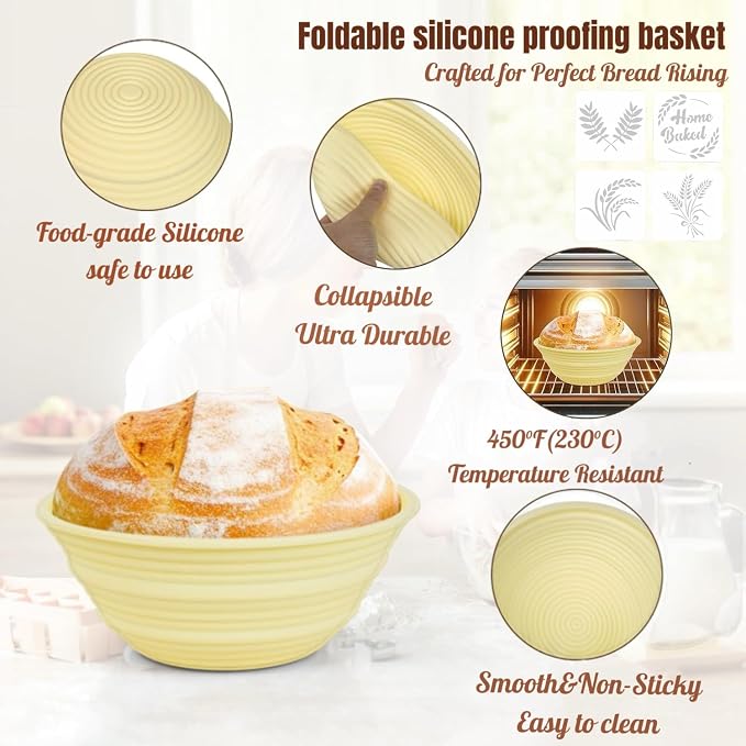Sourdough Starter Kit, 20PCS Bread Baking Supplies with Banneton Basket | 9 in Round & 10 in Oval Silicone Proofing Bowls, Feeding Jar, Bread Sling, Scrapers, Lame Blades, Stencils - Image 4