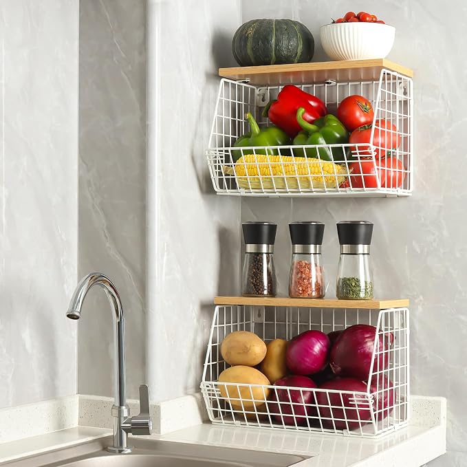 Mefirt Fruit Basket, 2-Tier Fruit Bowl for Kitchen Counter, Stackable Wall Mounted Fruit Storage, Snack Organizer, Potato and Onion Storage Basket, Hanging Pantry Storage with Wood Lid, 2 Set, White - Image 2