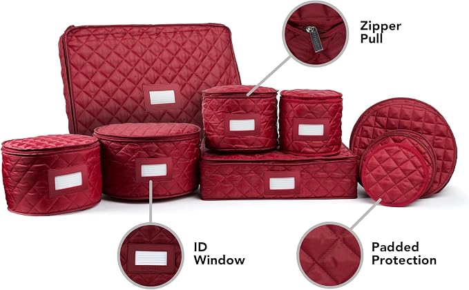 Covermates Keepsakes Dish Storage Set – Padded China & Dinnerware Storage Cases with Dividers, Cup & Stemware Storage, Quilted Polyester Protection, ID Window, Red - Image 2