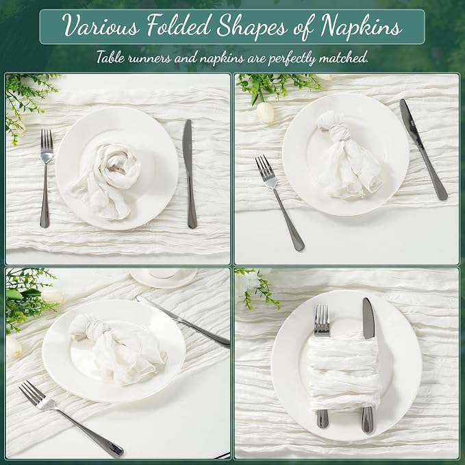 60PCS Ivory White Cheesecloth Napkins and 6PCS Table Runners Set, 19.69x19.69inch Rustic Wedding Napkins and 35x118inch Gauze Table Runner for Wedding Party Boho Table Decor - Image 4