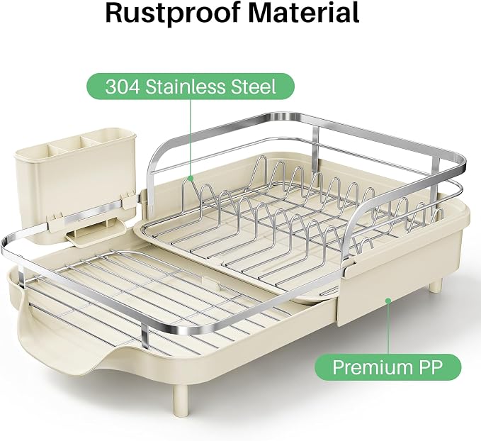 SNTD Expandable Dish Drying Rack for Kitchen Counter, 15.2-22.1 in, Beige | Rust-Resistant Stainless Steel, Protective Side Rails, Self-Draining Drainboard, Removable Utensil Holder - Image 5