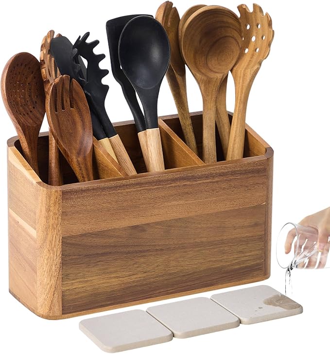 Wooden Utensil Holder for Kitchen Counter, Acacia Wood Kitchen Utensil Holder for Countertop with 4 Compartment, Cooking Utensil Organizer, Silverware Caddy (Acacia Wood, 3Compartment) by LOHONER
