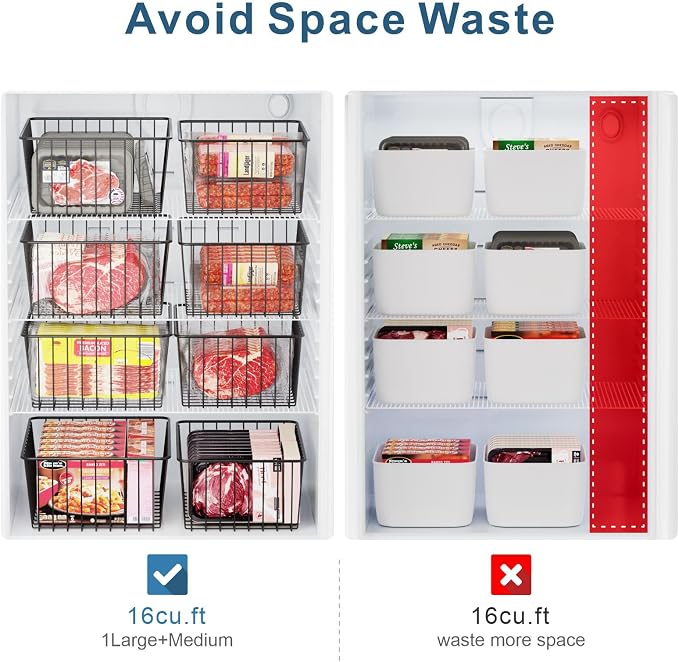 Freezer Organizer Bins - For 16 Cu Ft Upright Freezer, 6 Pack White | Wire Baskets 3 Large & 3 Medium Sizes, Slide-Out for Easy Access, Prevent Food Falling Out, Keep Stand-Up Freezer Organized - Image 4
