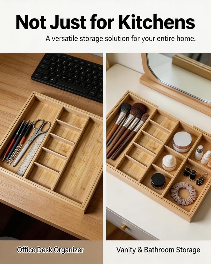 Expandable Bamboo Silverware Drawer Organizer, 5-7 Compartments | Expandable Design, 5-7 Compartments, Dual-Zone Storage, Natural Bamboo Construction, Easy Access Layout - Image 3