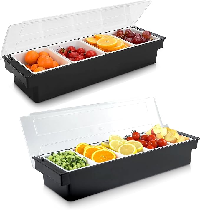 WICHEMI Fruit, Veggie & Condiment Caddy with Lid Dispenser Tray Plastic Garnish Station for Bartending & Serving Taco, Ice Cream, Salad Bar - Topping Organizer for Restaurant Supplies (4 Compartment+3 by WICHEMI