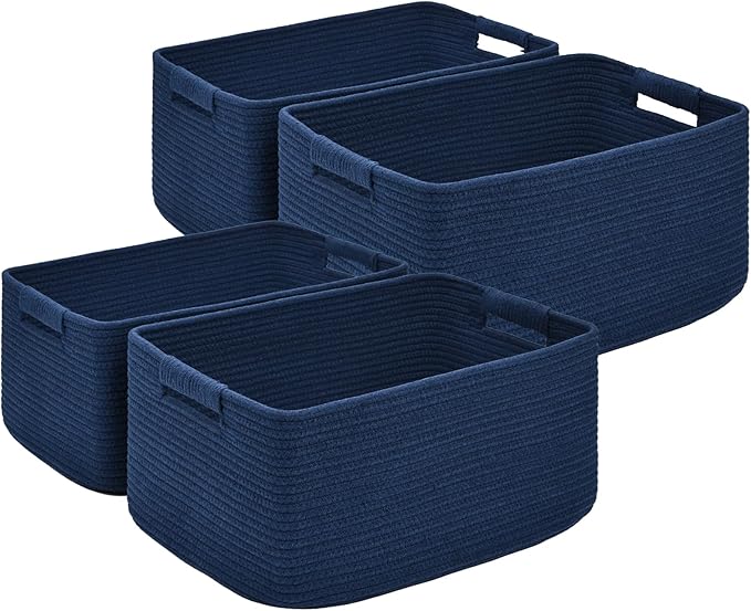 4 Pack Large Storage Basket for Organizing, 17.5"x13"x7" Woven Basket for Shelves, Closet Cube Storage Bins with Wrapped Handle, Cotton Rope Baskets for Kitchen, Clothes, Toys(Navy Blue) by Degeyoyo
