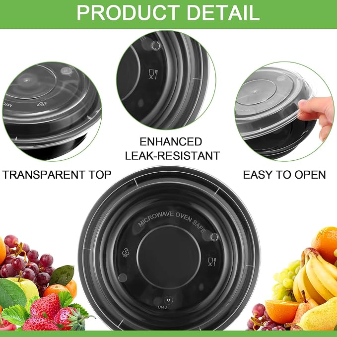 Nuenen 100 Pcs 16 oz Round Meal Prep Containers with Lids Plastic Containers Meal Prep Lunch Box Bowls Take out Food Storage Bento Box Microwavable Freezer Safe(Black) - Image 6
