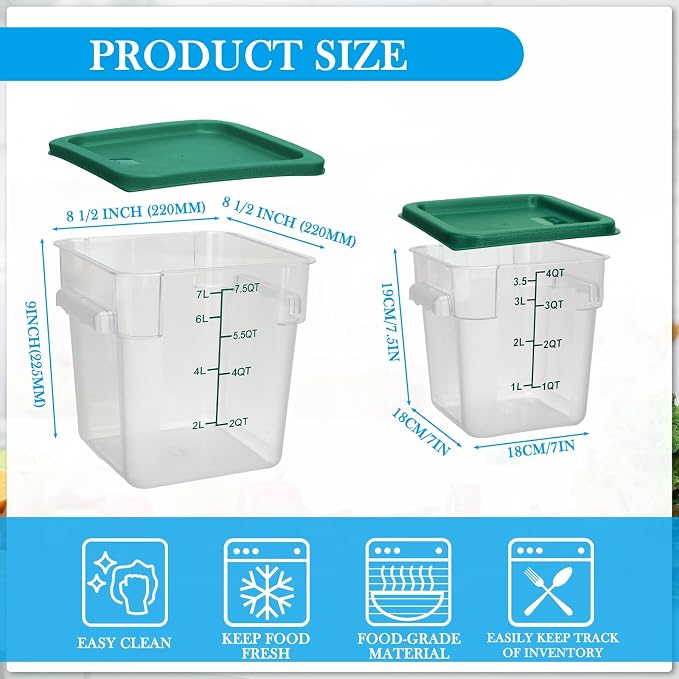Lallisa 4 Pcs 8qt & 4qt Clear Food Storage Containers with Lids Handles and Scales, Stackable Plastic Square Food Storage Containers for Dough Proofing Baking Kitchen Restaurant(Green) - Image 2