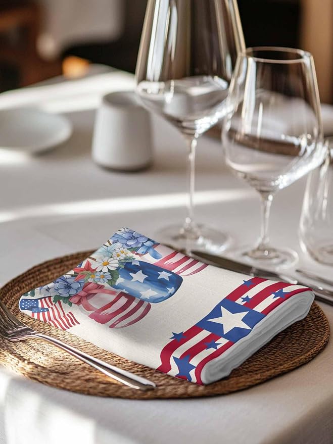 Poppy Flower Patriotic Flag Cloth Napkins Set of 8 - Washable Dinner Napkins Reusable Table Napkins for Home Party Weeding Dining Table Setting Decoration, Independence Day Red Blue Oversized 20"x20" - Image 5