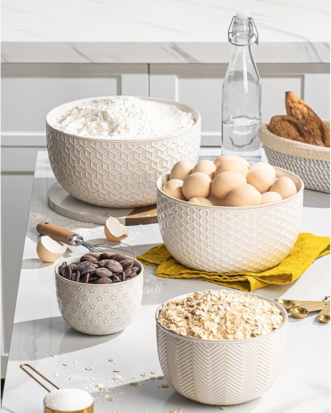 Ceramic Mixing Bowls, Embossed Nesting Bowls Set of 4, Mixing Bowl Set for Serving, Baking, Cooking and Gift, Microwave and Dishwasher Safe, 20/47/99/148 oz, Off-White - Image 6