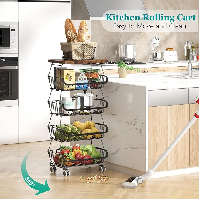 CHLORYARD Fruit Basket with Wooden Lid for Kitchen, 5-Tier Stackable Wire Fruit Vegetable Storage Basket Organizer Stand on Wheel, Produce Basket Potato Onion Storage Bins Rack Cart for Pantry - Image 2