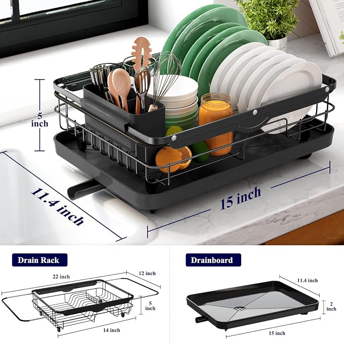 Kitsure Dish Drying Rack for Kitchen Counter, 12.2''W x 15.7''~23''L, Black | Stainless Steel Sink Organization, Cutlery Holder, Home and Appartment Decor - Image 4
