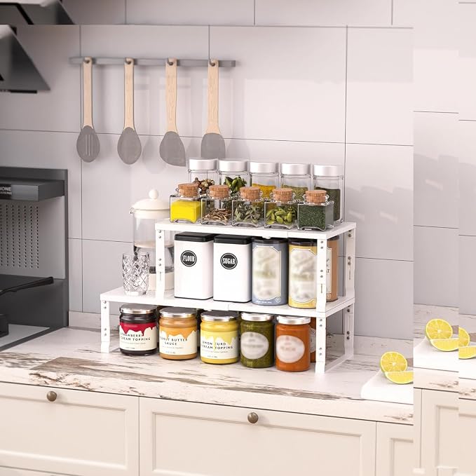 Heavy-Duty Adjustable Metal Shelf Organizer - Expandable & Stackable Pantry Storage Rack for Kitchen, Bathroom, RV, Cabinets(1 Pack/White, Large) - Image 2