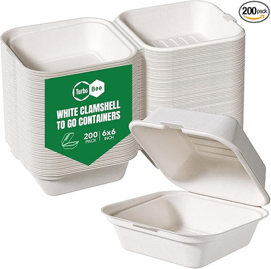 Turbo Bee 200 Pack 6x6inch White Take Out Containers with Lids, Small Disposable Clamshell Food Containers for Lunch, Sides, Snacks, Restaurant, Catering & Food Service by TurboBee