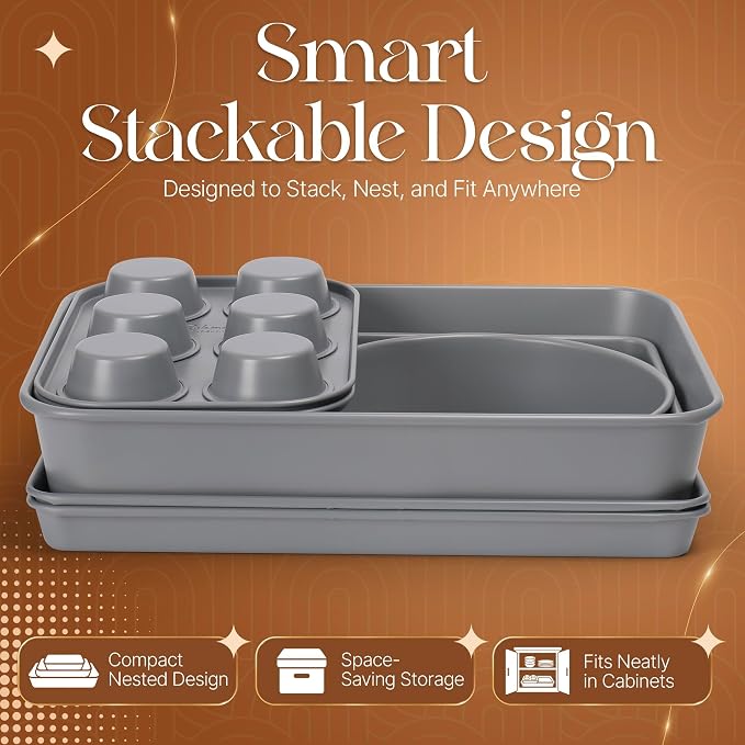Nonstick Bakeware Set 8 Piece - Stackable Baking Pan Set, Oven safe 450°F, Carbon Steel Baking Set with Muffin, Loaf, Cookie Sheets & Roaster, Easy Storage, BPA-Free (Gray) - Image 2