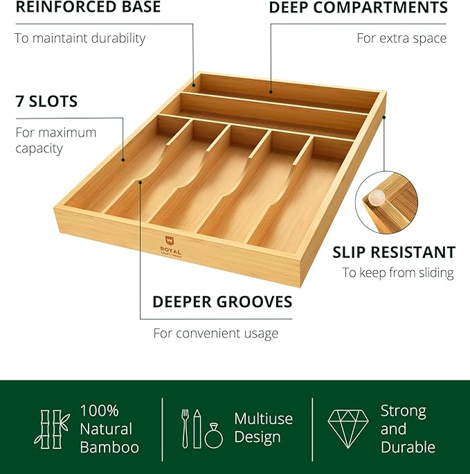 ROYAL CRAFT WOOD Luxury Bamboo Utensil Rack and Silverware Organizer, Kitchen Drawer Organizer - Utensil Holder and Cutlery Tray with Grooved Drawer Dividers for Flatware 7 Slot, Natural - Image 4