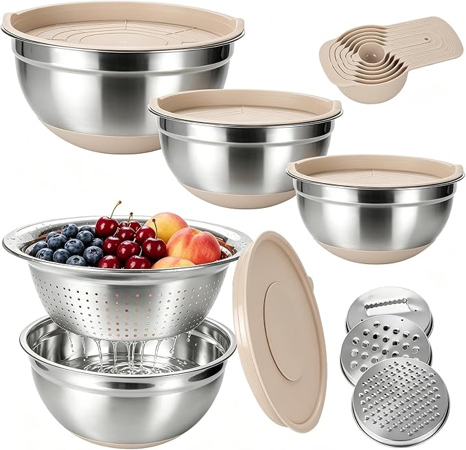 Stainless Steel Mixing Bowls with Airtight Lids,Non-Slip Nesting Bowls Set | 6.3,4.3,3.6,2.9QT,14Pcs Metal Bowl with Mixer Hole,Silicone Bottom,Grater Attachments and Kitchen Gadgets,for mixing,serving by YJSLICT