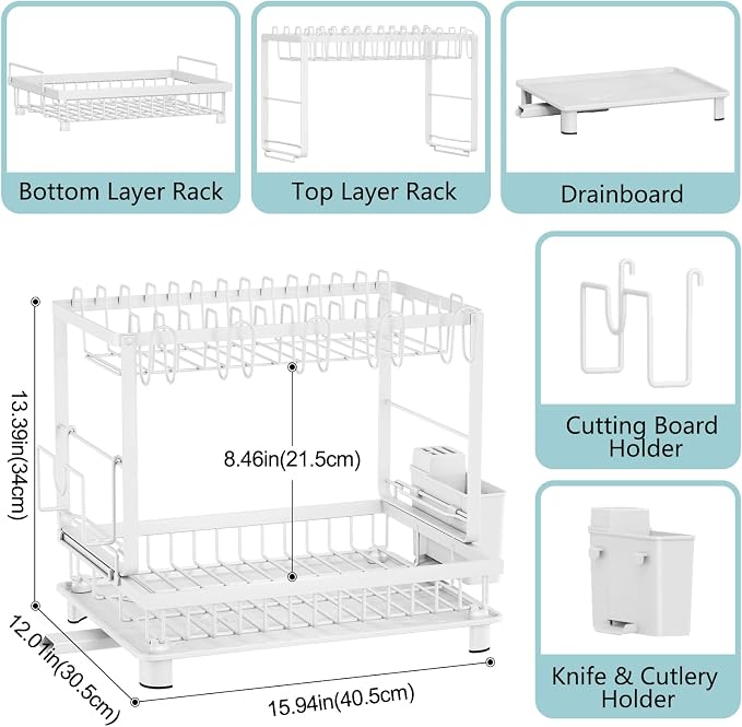 Multifunctional Dish Drying Rack - Rustproof, 2-Tier Dish Racks with Drainboard, Space-Saving Design, Utensil & Cup Holder for Kitchen Counter, White - Image 6