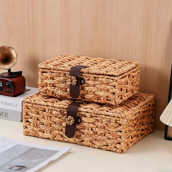 Set of 2 Water Hyacinth Wicker Storage Baskets with Lid | Rectangular woven decorative bins for shelf desktop home organization decor - Image 4