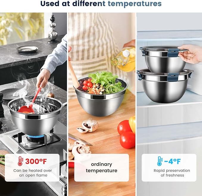 Daily Treasures Mixing Bowls with Airtight Clear Lids Set of 3,Thicker Stainless Steel Mixing Bowl Set,Nesting Bowls for Cooking, Prepping, Baking, Serving & Food Storage, Size 5, 3, 1.5QT - Image 7
