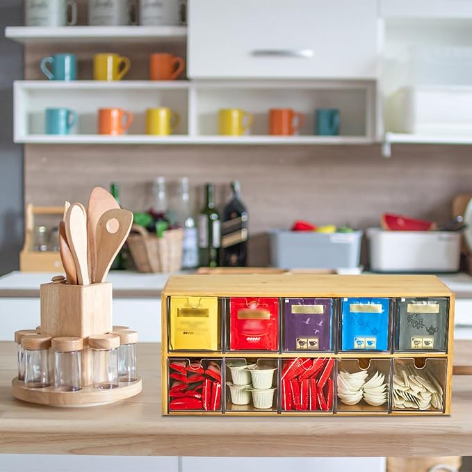 TIMIEEYA Tea Bag Organizer - Bamboo Tea Storage Organizer With Drawer 2 Layer, Tea Organizer for Tea Bags Natural Wood & Acrylic for Countertop Office Kitchen Cabinet Pantry - Image 4