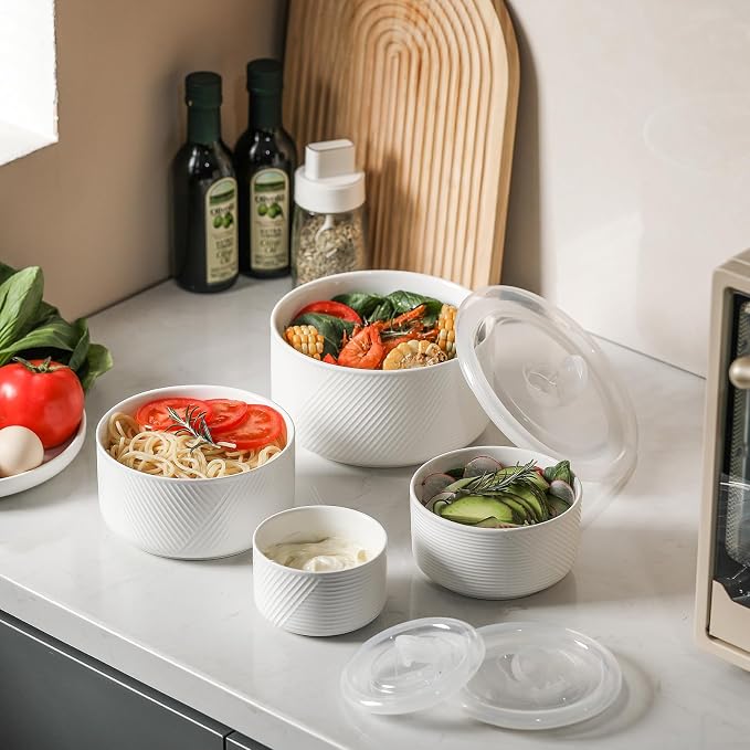 Ceramic Nesting Bowls with Lids, Set of 4, White | 50/32/20/10 oz Mixing Bowls with Lids - Porcelain Food Storage Containers For Prep and Serving, Microwave Safe - Image 5
