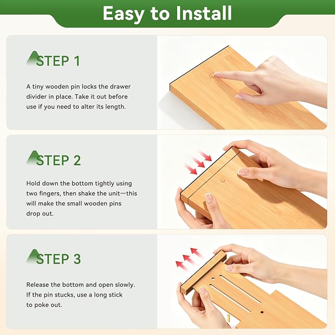 FJO 6 Pack Bamboo Drawer Dividers 4.65" High Adjustable from 17'' to 22'' | Strong Spring Loaded, Expandable Utensil Organizer, Works in Kitchen, Dresser, Closet, Bathroom, Bedroom,Office (Beige) - Image 3