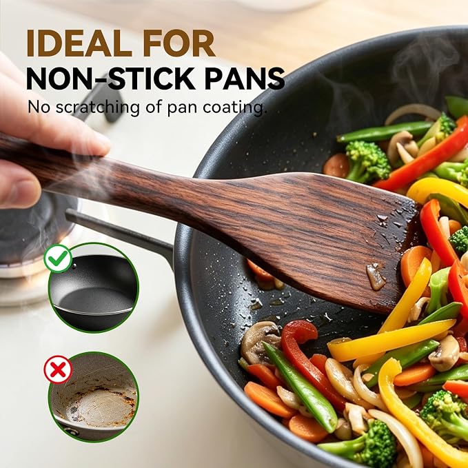 10PCS Wooden Utensil Set for Cooking, Non Toxic Wood Kitchen Utensils Set with Spatula & Wooden Spoons for Cooking, Dishwasher Safe Teak Wood Cooking Utensils for Non Stick Cookware - Image 3