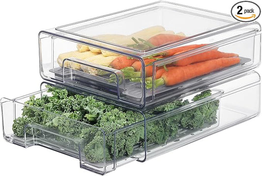 Refrigerator Organizers and Storage Drawers (2PCS, Medium) | Produce Water Draining, BPA Free, Stackable, Clear, Fruit and Veggie Organization, Pull Out Bins by Bronkeeper