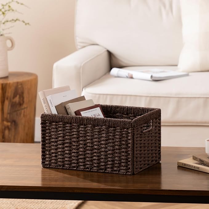 joybest Dark Brown Wicker Baskets for Shelves, Hand-woven Storage Baskets | 13.4L x 8.3W x 7.1H inch for Pantry, Kichen Organizing, Foldable Rectangular Bin with Handles, 2-pack - Image 5