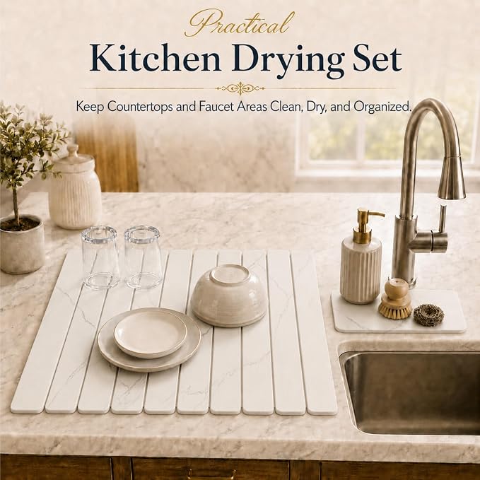 2 PCS Large Stone Dish Drying Mat for Kitchen Counter, 24" x 16" Diatomaceous Earth Dish Mat with 8" x 4" Coaster, Quick Dry Foldable Absorbent Mat for Dishes, Cups, Bottles (White) - Image 3