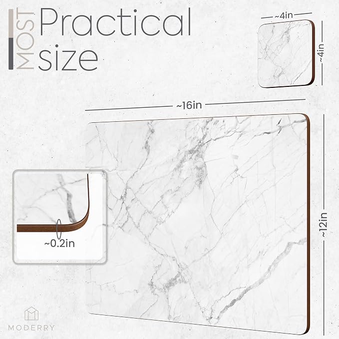 Set of 4 Heat Resistant Cork Placemats for Dining Table with Free Set of 4 Matching Drink Coasters Marble Design 16 x 12 Inches Cork Backed Hard Placemats (White Marble) - Image 7