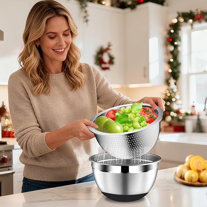 DUTZUN Mixing Bowls with Lids Set - 16pcs Stainless Steel Mixing Bowl Set with Colander, 3 Grater Attachments, Non-Slip Bottom, Metal Nesting Bowls with Strainer for Mixing & Serving - Black - Image 5