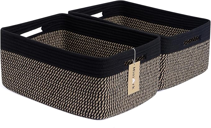 MiniArk Large Storage Baskets for Shelves, 17 x 13 x 7.5” Closet Organizers Bins for Clothes Blanket Towels, Baby Nursery, Toy Baskets Box, Woven Rope Baskets, 2 Packs Woven Brown by MiniArkStorageBasketsHome