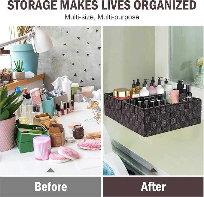 Storage Baskets with Lids: 6 Pack Stackable Woven Storage Bins, Brown | Decorative Woven Baskets for Organizing with Built-In Handles for Shelves, Closets, Cabinets and Cubbies, Gift Small Basket - Image 7