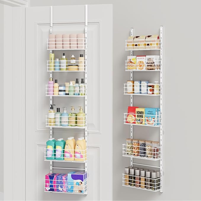 SWTYMIKI Over The Door Organizer - Door Organizer Hanging with 6 Adjustable Metal Large Capacity Basket, Wall Mounted Shelf for Bedroom Closet Bathroom Laundry Pantry Cabinet Kitchen(White) by SwtyMiki-TidyHomeSweetLife