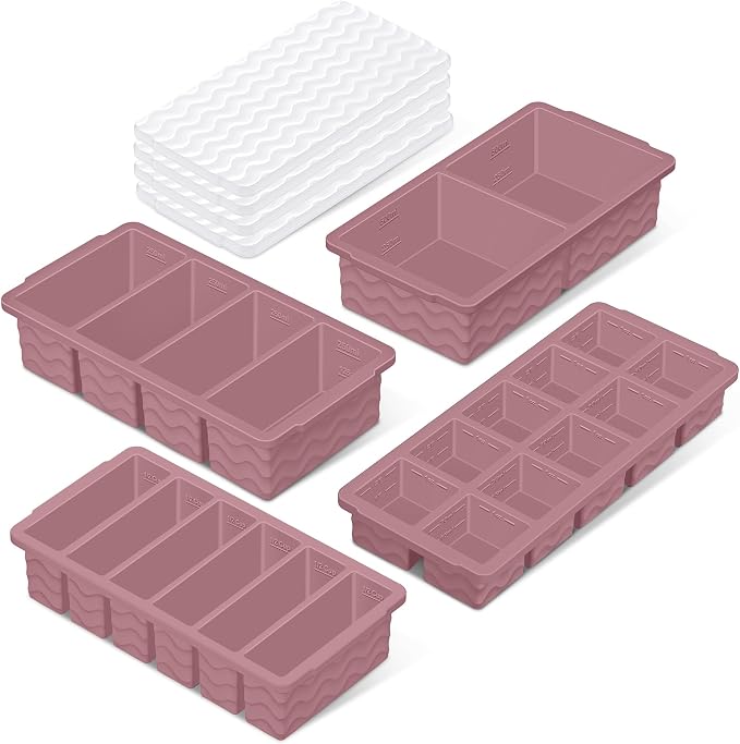 Silicone Freezer Trays with Lid (4-Pack), 1-Cup, 2-Cup, 1/2-Cup & 2-Tbsp Silicone Freezer Molds, Stackable Soup Freezer Meal Prep Containers,Ice Cube Tray for Making Sauce,Smoothies,Yogurt Bites by Doasuwish
